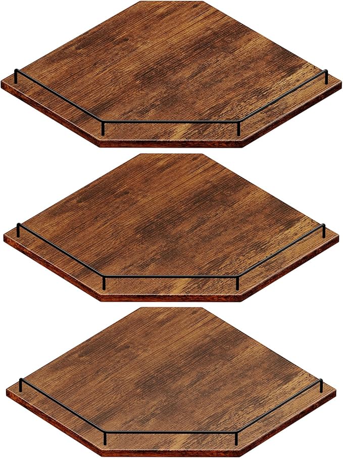 JJL Corner Shelf Wall Mounted, 12 Inches 3-Tier Floating Corner Shelf, Hexagon Rustic Wood Decor with Fence, Brown Storage Organizer for Apartment Bedroom Kitchen Bathroom