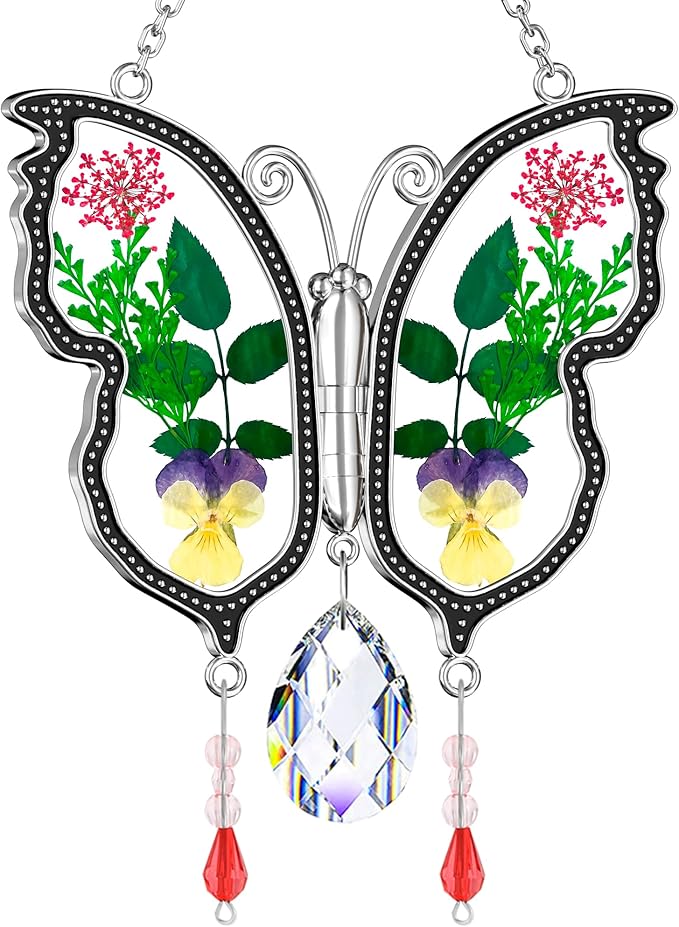 KY&BOSAM Crystal Butterfly Suncatcher Gifts for Mom Stained Glass Butterfly Wind Chime for Windows Hanging Pressed Rearl Flower Wings and Crystal Charm Gift for Mom Mother`s Day Birthday Christmas