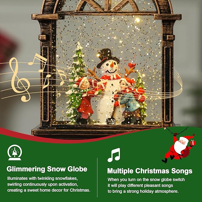 Christmas Snow Globe Lantern Water Glittering Window Snowman Child with Music, USB Lined/Battery Operated Lighted Lantern for Christmas Festival Decoration Gifts