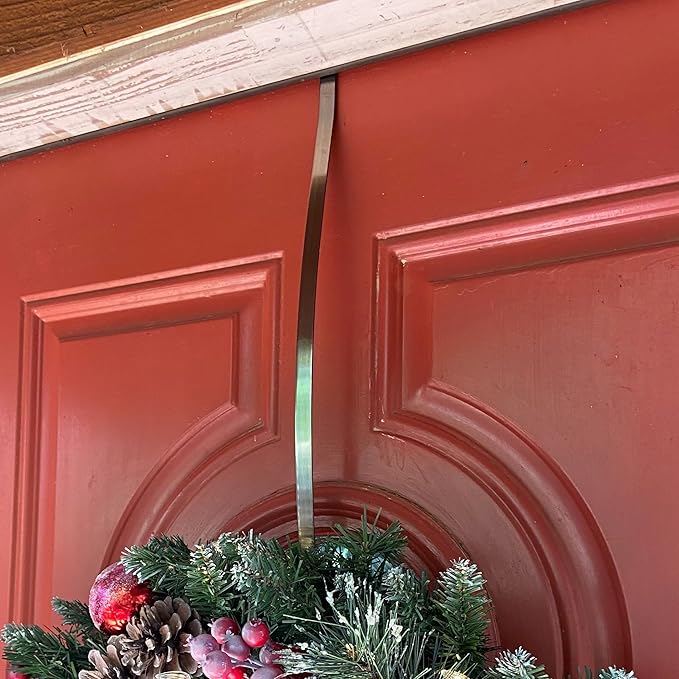 Haute Decor HighProfile Curved Over The Door Wreath Hanger (Antique Brass) - Strong Metal Wreath Holder Hook for Complex Door Designs with Raised Panels and Trim