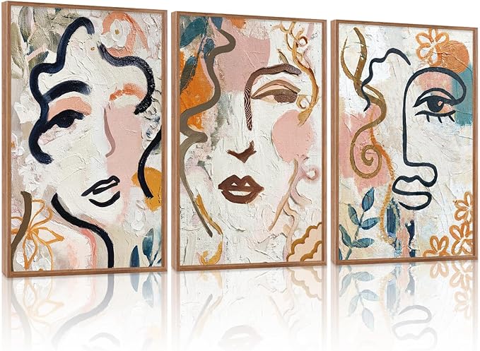 KAlRNE Abstract Woman Wall Art Set of 3(24”X36”),Boho Modern Line Wall Decor,Modern Matisse Framed Canvas Paintings, Floral Graffiti Art Prints For Living Room Bedroom Women Office Decoration