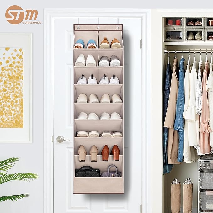 STORAGE MANIAC Over the Door Shoe Organizer Heavy-Duty Large Deep Pocket Hanging Shoe Organizer Shoe Rack Door Closet Shoe Organizer for Wall, Dorm & Narrow Door Storage Shoe Holder Oat Beige, 1 Pack