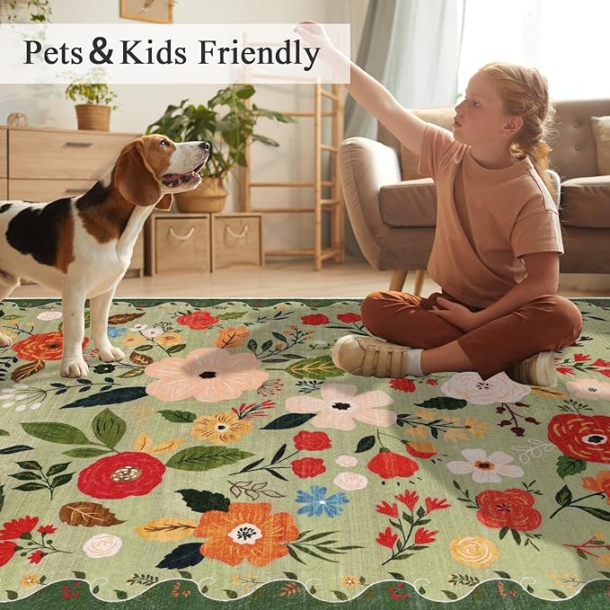 U'Artlines 5x7ft Vintage Floral Area Rug Machine Washable Ultra Soft Low Pile Non Slip Non Shedding Accent Floor Carpet for Living Room, Bedroom, Dining Room, Office (Green)