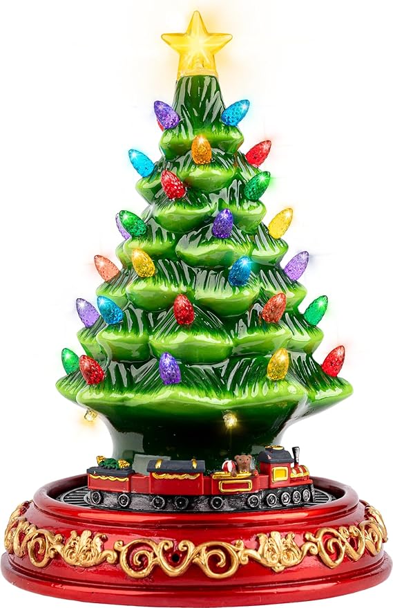 VISFLAIR Ceramic Christmas Tree with Rotating Train- Musical Christmas Tree Decorations with 38 Multicolored Lights for Home Tabletop Decor, Xmas Gift