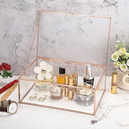 Hipiwe Vintage Glass Box with Lid - Rectangle Jewelry Display Box Vanity Lidded Box Glass Trinket Organizer Rose Golden Decorative Boxes for Keepsakes Perfume,X-Large