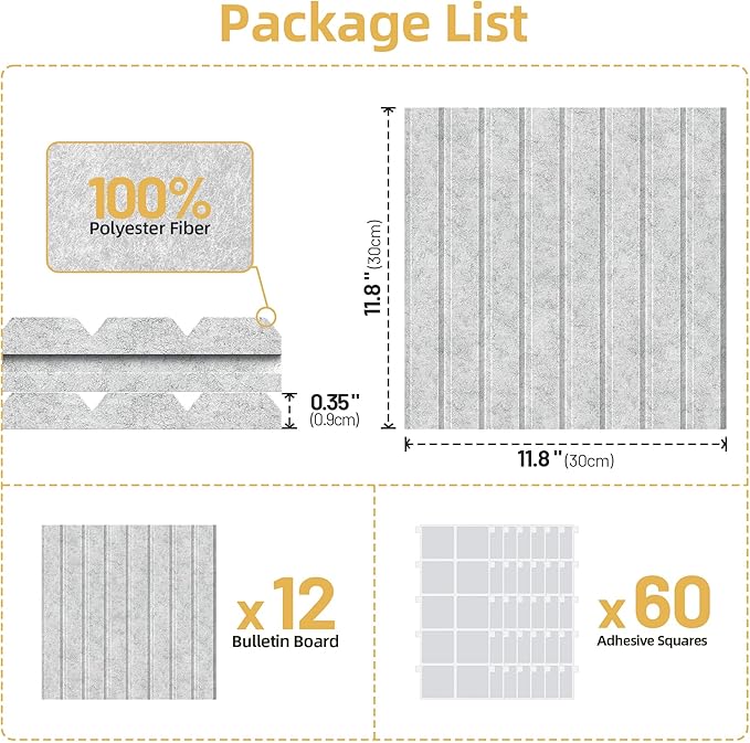 Large Cork Board for Wall 36" x 48" Gray Bulletin Board with Safe Removable Adhesive Squares for Pictures Photos, Alternative CorkBoard Felt Pin Boards Tiles for Office Classroom Wall Decor - 12 Pack