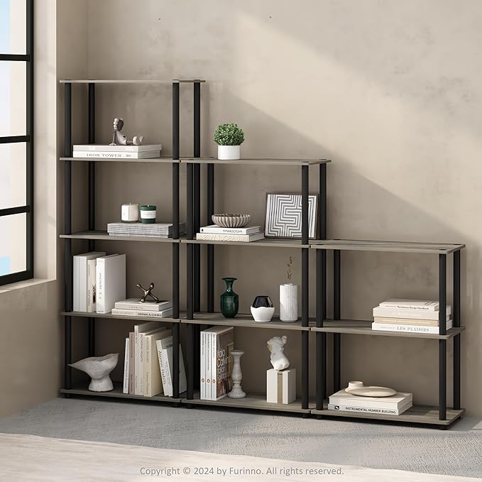 Furinno Turn-N-Tube Book Shelf, 5-Tier Bookshelf, Bookcase with Multipurpose Compact Display Rack, 11.6 x 23.6 x 57.4, for Living Room, Bedroom, Home Office, French Oak/Black