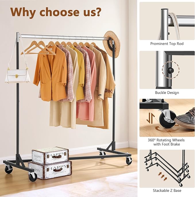 Hoctieon Z Rack, Rolling Clothes Racks with Z-Base, Heavy Duty Garment Rack, Clothing Racks for Hanging Clothes, Sturdy Metal Hanging Holder, Clothes Organizer Rack, Chrome