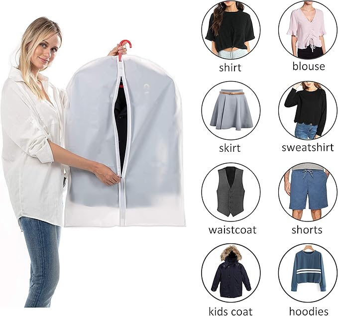 MsKitchen12Pack Short Garment Bags (24x32") - Dustproof Covers for Kids Clothes - Durable PEVA Storage Bags with Sturdy Zipper for Dance Costumes, Tops & Folded Pants (Translucent)