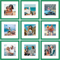 Vittanly 12x12 Picture Frames Set of 9, Shatter Resistant Plexiglass, Display 8x8 Pictures with Mat or 12x12 without Mat, Photo Frames for Wall Mount, Engineered Wood, Green
