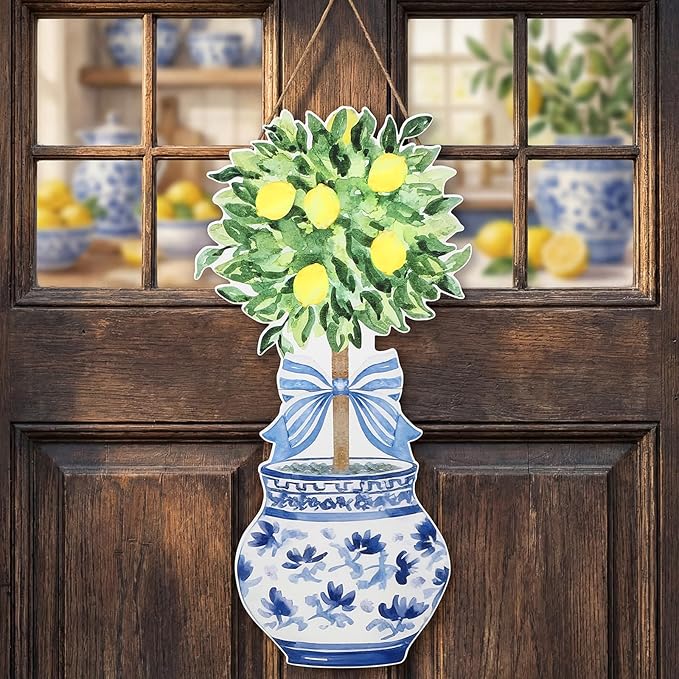RattanView Large Size Chinoiserie Lemon Tree Door Hanger Rustic Topiary Wooden Sign Front Door Home Wreath Ornament for Farmhouse Indoor Outdoor Yard Porch Welcome Decor