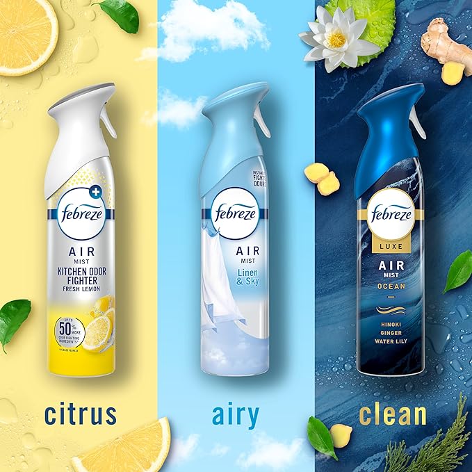Febreze Air Mist, Air Freshener Spray, Odor Fighting Room Spray, Deodorizer for Home Bathroom Kitchen Office Apartment Dorm Room Classroom, Kitchen Base Mix, 8.1oz, 3ct