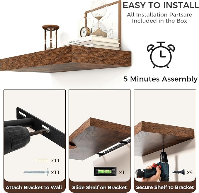 Venusmiles Floating Shelves for Wall, 48 Inch Wide x 12 Inch Deep Floating Shelves, Long Wood Floating Wall Shelf Shelves for Living Room Bathroom Bedroom Kitchen Home - (Brown, 48" W x 12" D x 2" H)