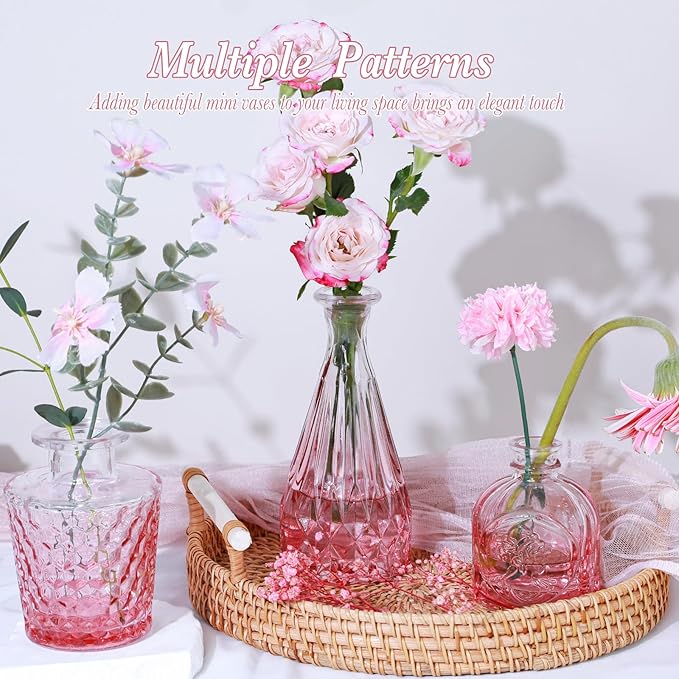 Valentine's Day Glass Pink Bud Vases Set of 12, Mini Flower Valentine Vase for Centerpieces, Small Vases in Bulk for Wedding Decorations, Vintage Vase for Table, Home Décor