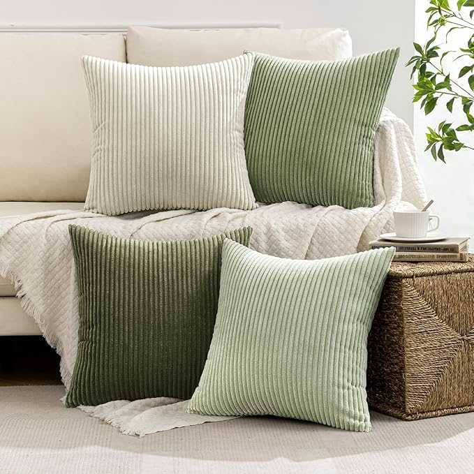 MIULEE Decorative Throw Pillow Covers Set of 4 Summer Light Green Gradient Natural Earthy Modern Classic Soft Corduroy Cushion Covers for Sofa Couch Bed Living Room Spring Home Decor 24x24 Inch