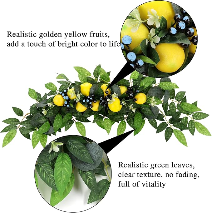 TITA-DONG 30in Floral Swag, Decorative Swags with Lemons & Eucalyptus Leaves, Artificial Spring Swag for Wedding Arch Front Door Wall Home Decor