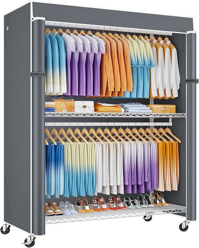 P8C Max Heavy Duty Clothes Rack（With Extended Width Design） Rolling Clothing Racks for Hanging Clothes with Lockable Wheels，51.2" W x 15.8" D x 80.5" H，Load 700LBS，White Rack with Grey Cover