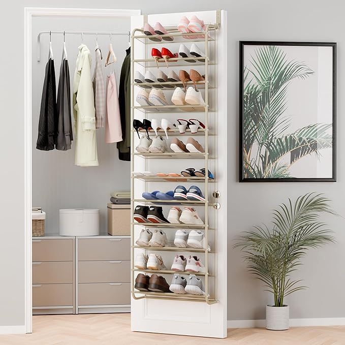 Whitmor 36 Pair Over The Door Shoe Organizer, 12 Tier Hanging Shoe Organizer, Heavy Duty Metal & Mesh Shoe Holder, Hanging Shoe Rack for Closet Organizer & Storage, 69"L x 21.7"W x 7.5"H, Oat