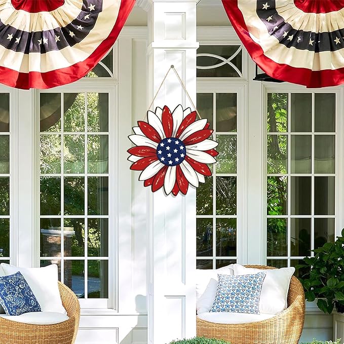 Wooden 4th of July Decoration Door Wreath for Front Door Sign Star Wall Signs, Independence Day Patriotic Day Wreath Welcome Memorial Day Hanging for Home Wall Decor Party Outdoor Indoor Flower