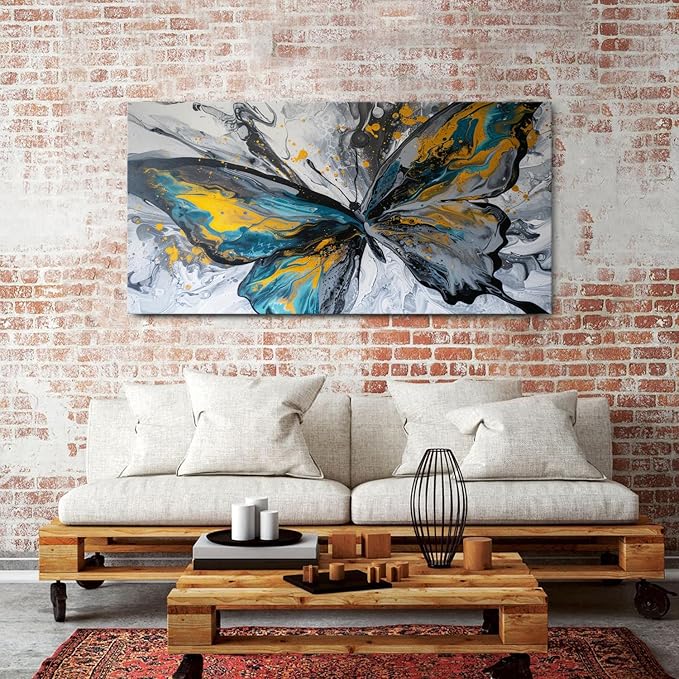 Abstract Butterfly Wall Art Teal Grey Yellow Butterfly Wall Decor Modern Marble Textured Canvas Poster Luxury Fluid Pictures Watercolor Neutral Artwork Living Room Bedroom Home Decoration 29.53x57.87"