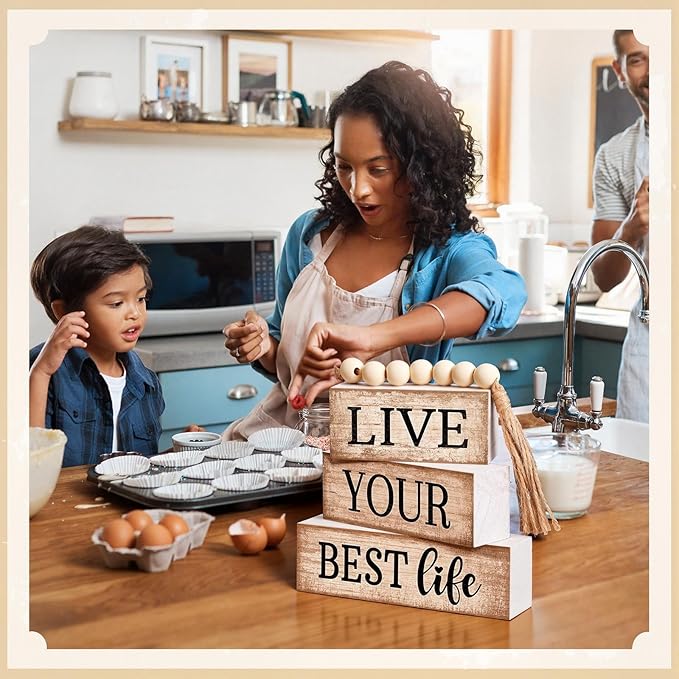 Moucuny 4 Pcs Farmhouse Table Decor Inspirational Wooden Signs Rustic Beaded Wooden Block Gift Sign Live Your Best Life Farmhouse Table Centerpiece for Living Room Housewarming Gift