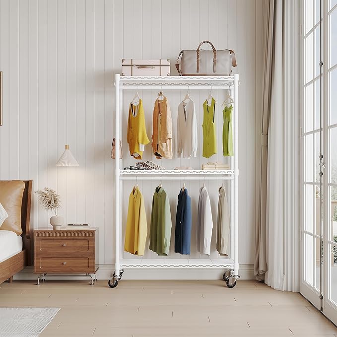 Rolling Clothing Rack for Hanging Clothes H2 Heavy Duty Garment Rack with Wheels Metal Adjustable Shelves & Double Hanging Rods Portable Closet for Bedroom, White Coat Rack