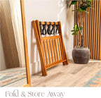 Fully Assembled Walnut Bamboo Folding Luggage Rack for Guest Room, 26.75" Folding Suitcase Stand with Removable Laundry Bag & Storage Shelf, Heavy Duty Foldable Luggage Stand for Bedrooms, Hotels, Airbnbs Holds 215lb
