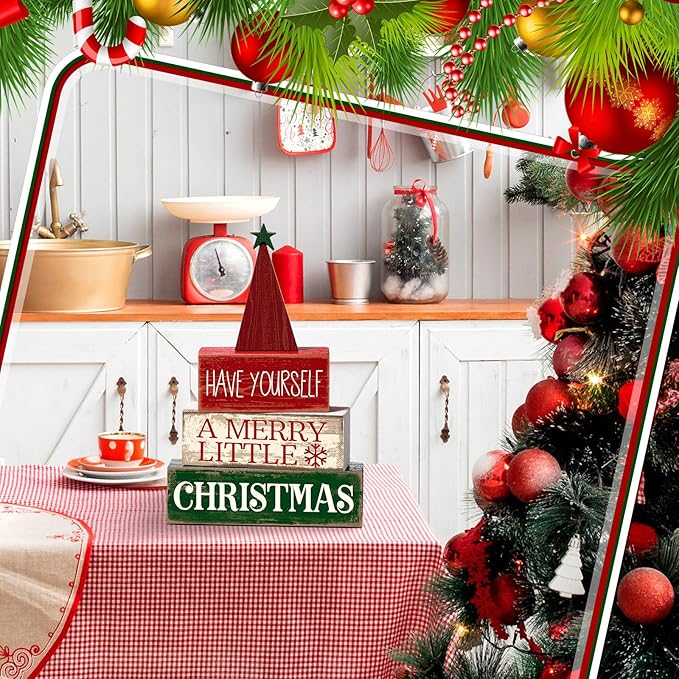 Moucuny 4 Pcs Christmas Decor Wooden Christmas Tree Winter Tiered Tray Decor Xmas Table Centerpiece Rustic Decorative Tree Block Signs Gift Farmhouse Winter Table Decoration for Home Kitchen