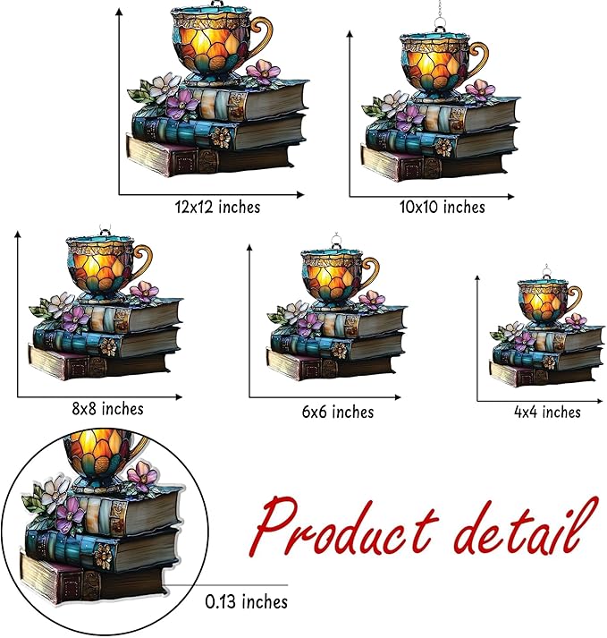 Bookish Teacup Acrylic Suncatcher, Book Suncatchers for Window Hangings, Bookish Gifts for Readers Book Lovers Bookworm, Gift for Mother's Day, Women, Mom, Wife, Grandma