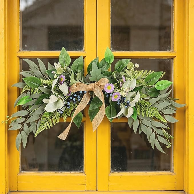 Artificial Flower Swag with Daisies, Berries & Bow, 21.7 Inch Farmhouse Greenery for Wedding, Wall, Door Decor