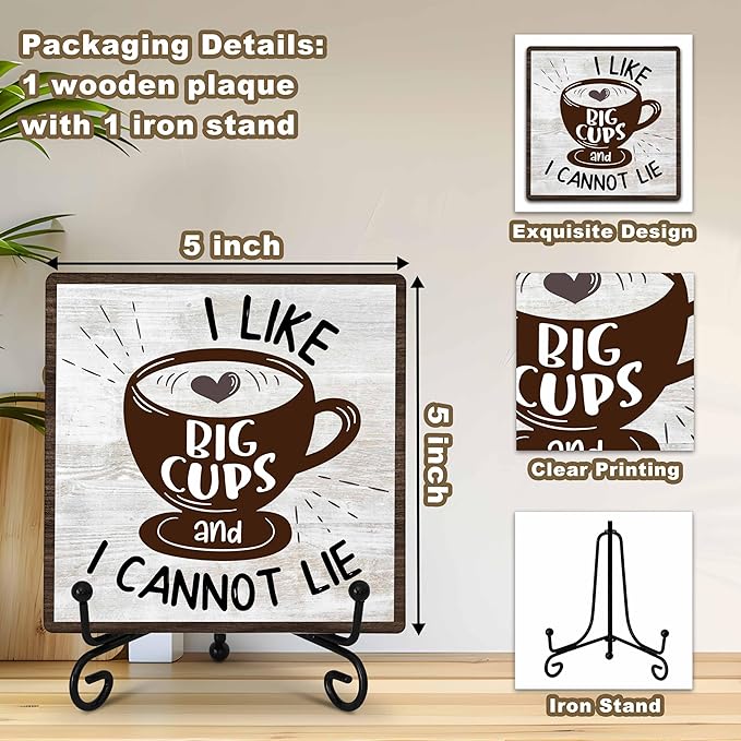 Coffee Bar Decoration, Coffee Decor Sign, I Like Big Cups, Farmhouse Home Kitchen Wooden Plaque with Iron Stand, Coffee Station Decor for Coffee Coner-A10