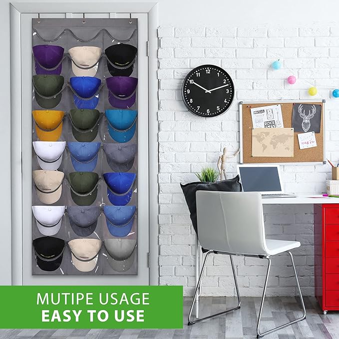 Dofilachy Hat Rack - Hat Organizer - Hat Racks for Baseball Caps, Visible Hat Holder - Baseball Cap Rack for Wall Door with 3 Hooks, 24 Deep Pockets (Dark grey, 1 pack)