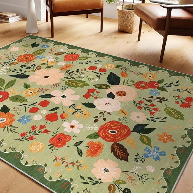 U'Artlines 5x7ft Vintage Floral Area Rug Machine Washable Ultra Soft Low Pile Non Slip Non Shedding Accent Floor Carpet for Living Room, Bedroom, Dining Room, Office (Green)