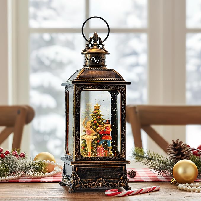 Christmas Snow Globe Lantern Water Glittering Nutcracker Ballerina with Music & Timer, USB Lined/Battery Operated Lighted Lantern for Christmas Festival Decoration Gifts