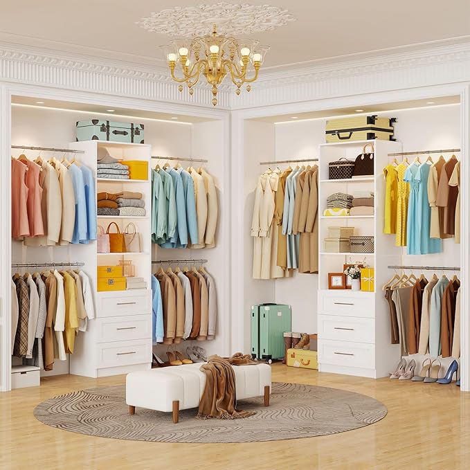 Closet System with 6 Drawers, 5-14FT Custom Closet Organizer System with 8 Expandable Hanging Rods&Adjustable Shelves, Modular Wood Closet Systems Tower for Walk in Closet Storage, 2 Sets, White