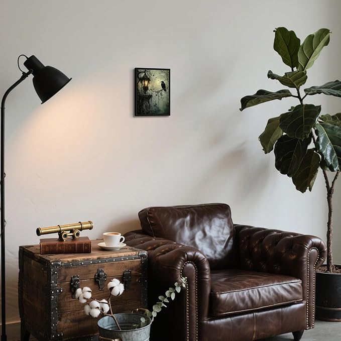 Gothic Decor Framed Wall Art, Vintage Dark Academia Canvas Prints, Horror Forest Crow Wall Decor for Living Room Bedroom Home Decor – Black Wooden Frame 8x10in