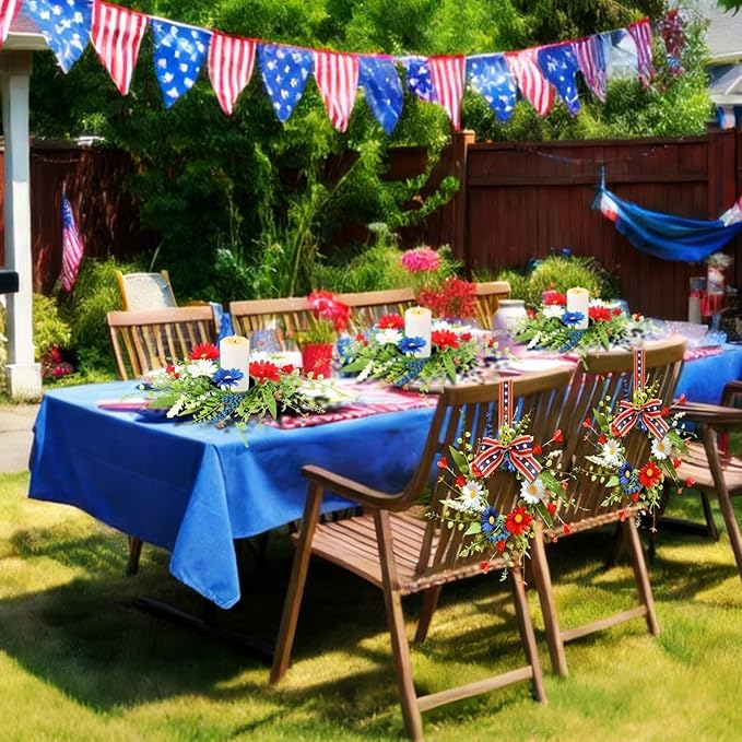 12 Pcs Mini Patriotic American Kitchen Cabinet Wreaths Small 4th of July Floral Swag Wreath for Front Door with Ribbon Daisy July Independence Day Hanging Wreath for Porch Wall Farmhouse Decor
