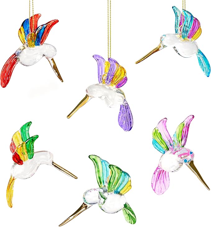 6Pcs Hand Blown Glass Hummingbird 1.3''*2.7'' Small Hanging Ornaments Crystal Humming Bird Figurines Collectible Decor for Home