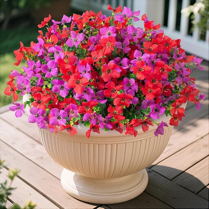 Artificial Faux Plants Flowers Outdoor Spring Summer Decoration, 12 Bundles Fake Silk Colorful Daisy Eucalyptus Realistic UV Resistant for Outside Home Planter Porch Patio Yard Decor (Red Purple)