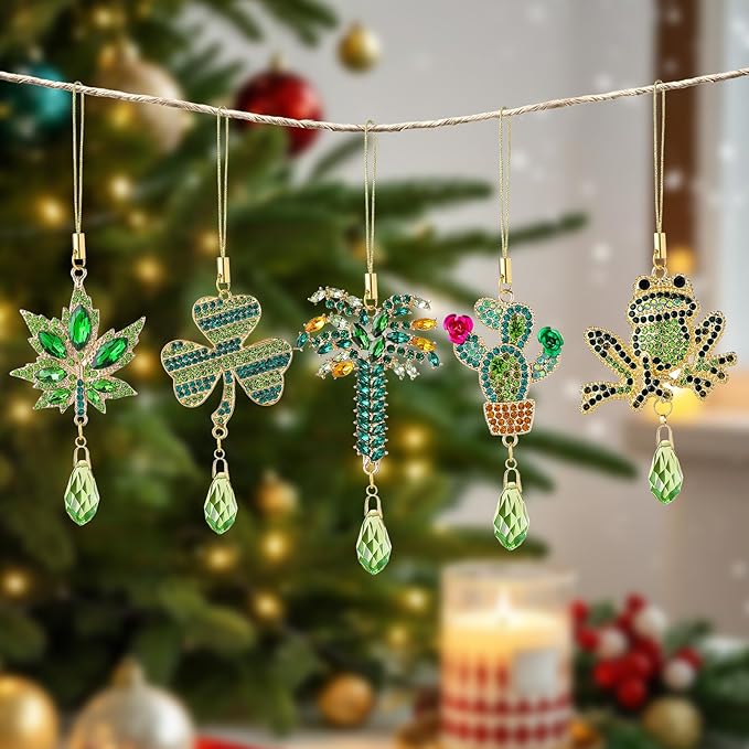 5Pcs Hanging Christmas Ornaments Christmas Tree Green Crystal Drop Pendant for Xmas Wedding Party Gifts Crystal Suncatchers Indoor Home Decor
