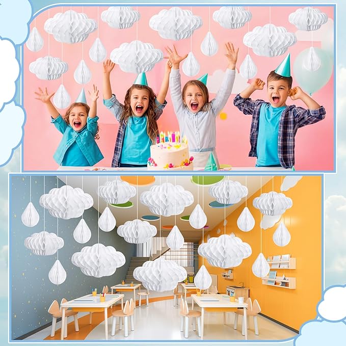 Affrolling 20 Pcs 3D Cloud Decorations Raindrop Decorations Hanging Honeycomb Decor Artificial Fake Cloud Ornaments for Ceiling Birthday Nursery Room Baby Shower Party Decor