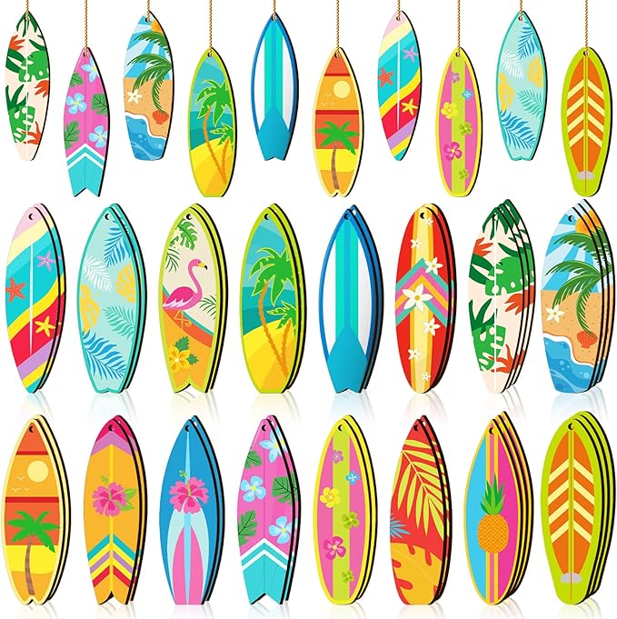 Geelin 36 Pcs Summer Wood Hanging Ornaments for Tree Mini Tree Decorations Hawaiian Beach Wooden Pendant Decorations with String for Luau Party Supplies(Surfboard)