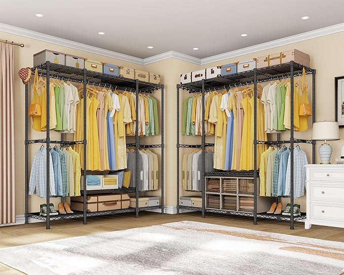 Ulif E3 Heavy Duty Garment Rack, 4 Tiers Freestanding Closet Organizer System with 5 Shelves, Metal Closet Organizer and Storage System for Clothes, Max Load 850lbs, 58.4"W x 15.7"D x 77.3"H, Black