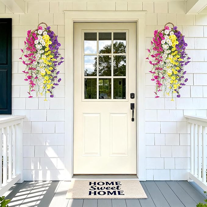Artificial Hanging Petunias Flowers for Outdoor, 8pcs Fake Plants Long Vine Morning Glory Eucalyptus, UV Resistant Realistic Faux Greenery Outside Patio Porch Garden Spring Summer Decor, Mix Color