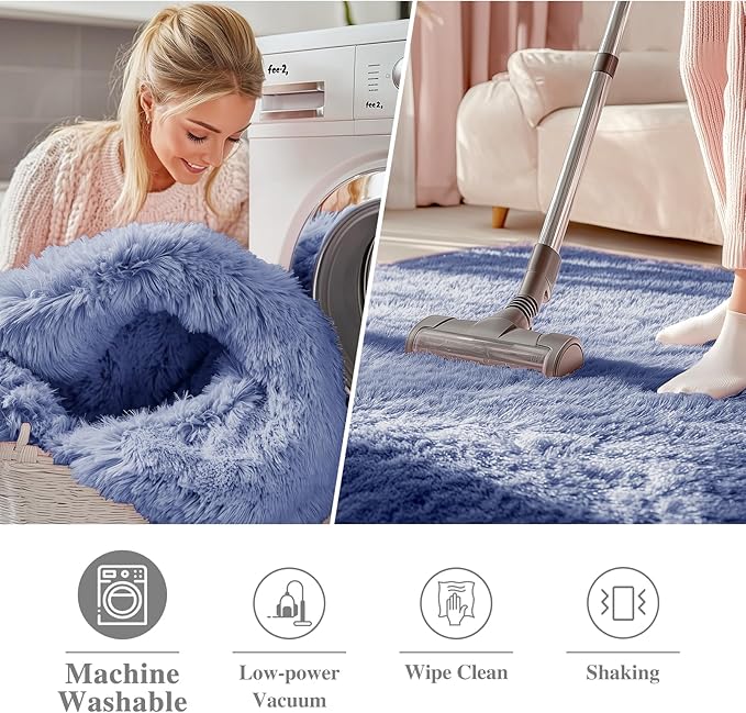 OLANLY Denim Blue Round Rugs for Bedroom - Machine Washable, 4 ft Circle Area Rugs for Living Room, Soft and Fluffy Shaggy Carpet for Teen Girl and Boys, Nursery Rooms, Dorms, Home Decor Aesthetic