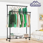 Double Rods Clothes Rack with Wheels Load 400 LBS, 45 Inch Rolling Clothing Rack for Hanging Clothes, Heavy Duty Garment Rack with Shelves, Metal Portable Closet, Black