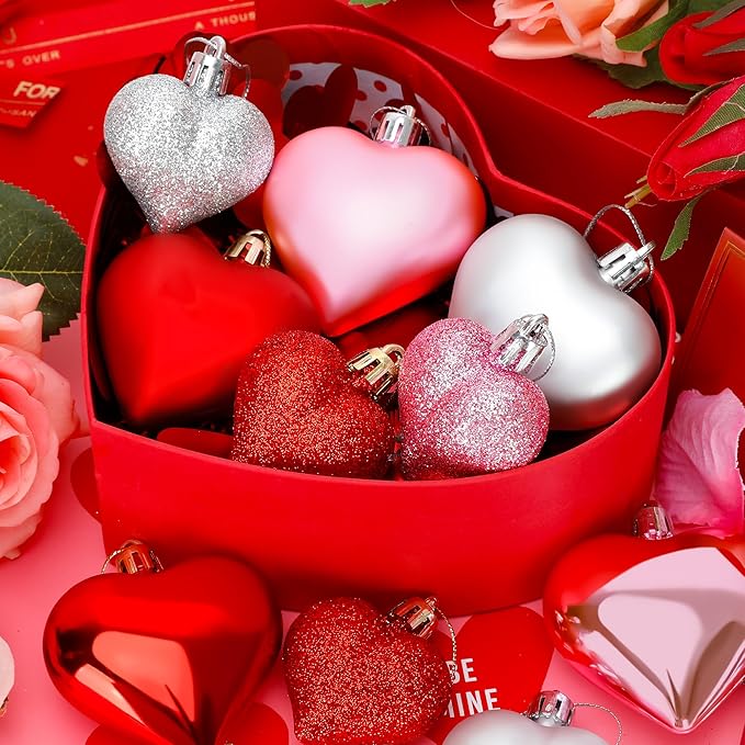Melisheer 24pcs Valentines Day Heart Ornaments, Classic Red Pink Silver Shaped Hanging Baubles with 2 Sizes, Valentine's Decorations for Tree, Love Decor Outdoor Wedding Party Gift