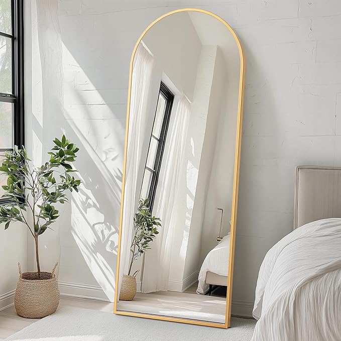 DUMOS 70.4"x25.6" Arched Full Length Mirror with Stand, Floor Body Mirror Shatter-proorf Nano Glass with Aluminum Frame, Free Standing or Hanging Leaning Modern Simple Home Decor, Gold