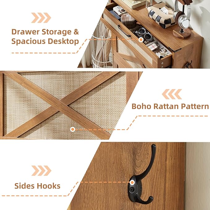 LEYAOYAO Shoe Storage Cabinet for Entryway with 2 Rattan Flip Drawers, Boho Narrow Shoe Cabinets for 16-20 Pairs Shoes with Large Drawers, Hidden Slim Shoe Rack with Wood Legs for Hallway, Tea Brown