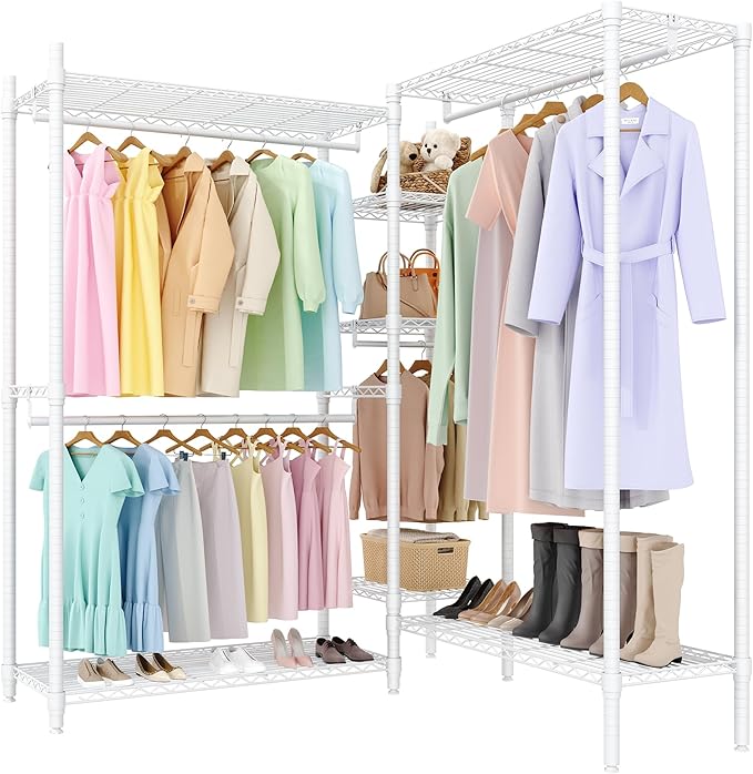 Heavy Duty Garment Rack L Shaped Clothes Rack for Corner,Load 1631LBS,Freestanding Portable Wardrobe Closet Clothing Rack with 7 Adjustable Shelves, 4 Hanging Rods,70.5"H x 85.4"L x 17.4"W